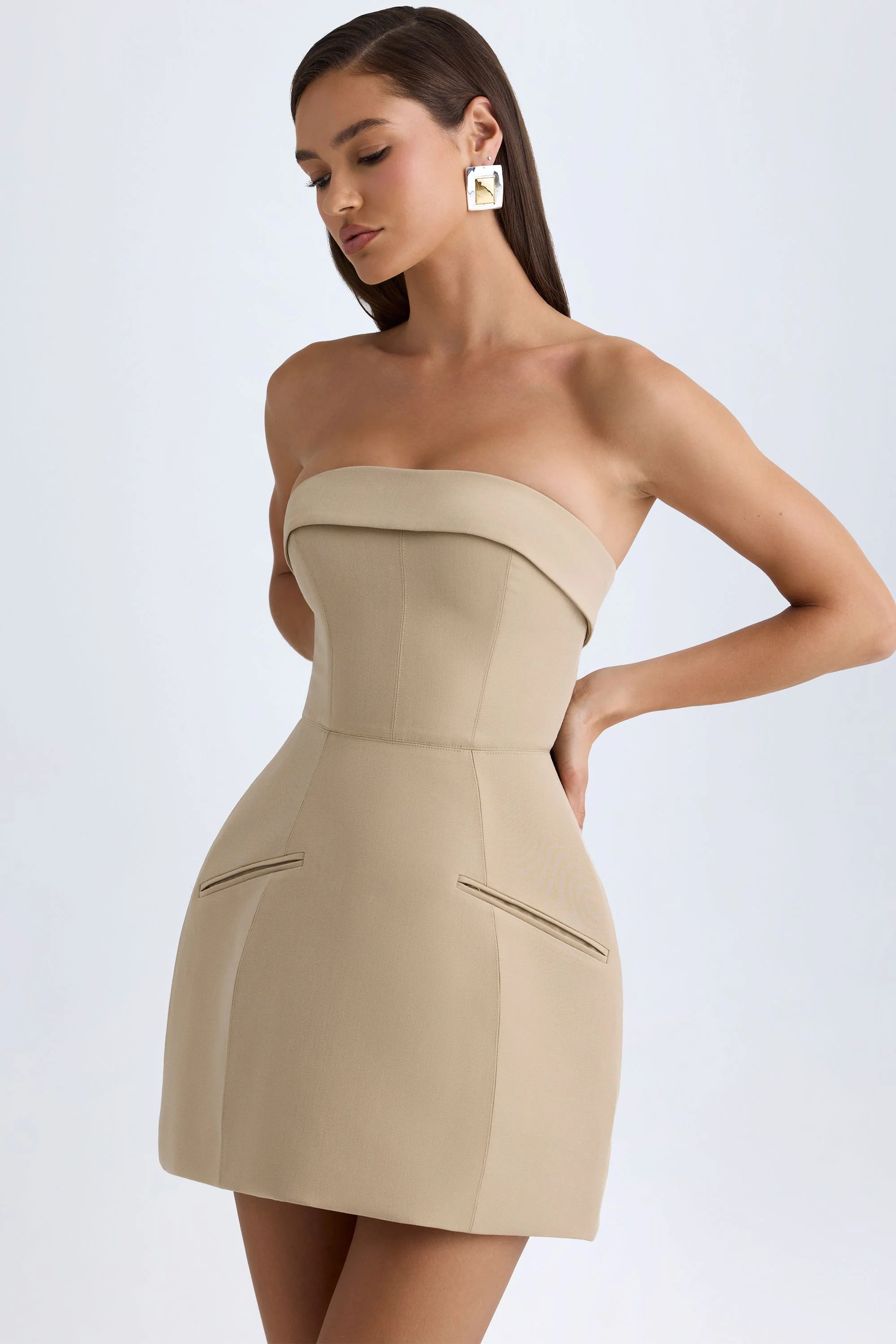 Foldover-Neck Structured Tulip Mini Dress in Camel | Oh Polly