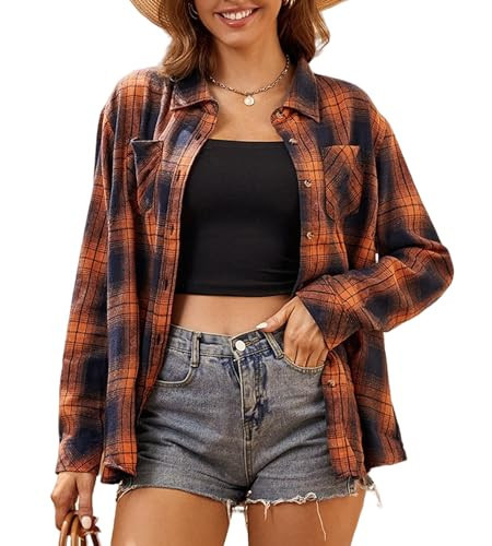 Alex Vando Womens Flannel Shirt Regular Long Sleeve Button Down Flannel Shirts for Women,Orange/Navy,S | Amazon (US)