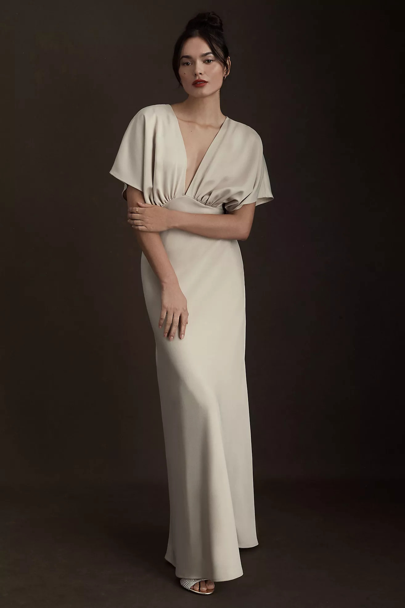 BHLDN Leila Deep-V Flutter-Sleeve Satin A-Line Gown | Anthropologie (US)