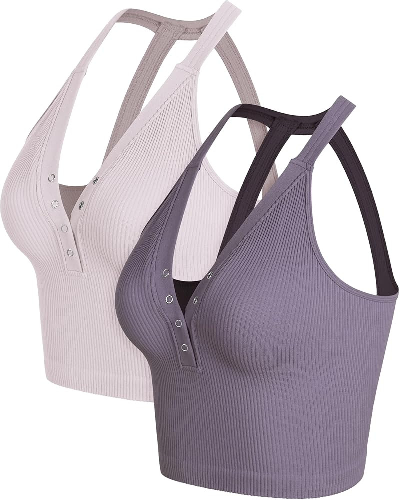 ODODOS 2-Pack Seamless Henley Crop for Women Open Back Ribbed Tank Button-up Cropped Top | Amazon (US)