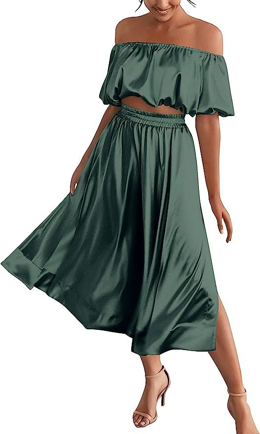 MASCOMODA 2 Piece Outfits For Women Sexy 2023 Summer Satin Puff Sleeve Crop Top And Side Split Ma... | Amazon (US)