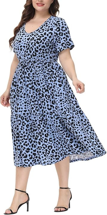 Gboomo Womens Plus Size Dresses Short Sleeve V Neck Floral Empire Waist Dress Causal Flowy Midi Dres | Amazon (US)