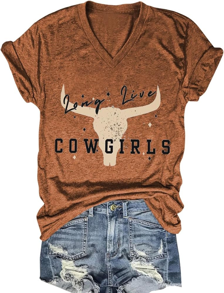 Western Country Shirt for Women Cowgirl Cartoon Boots V Neck Short Sleeve Tops Vintage Cowboy Gra... | Amazon (US)