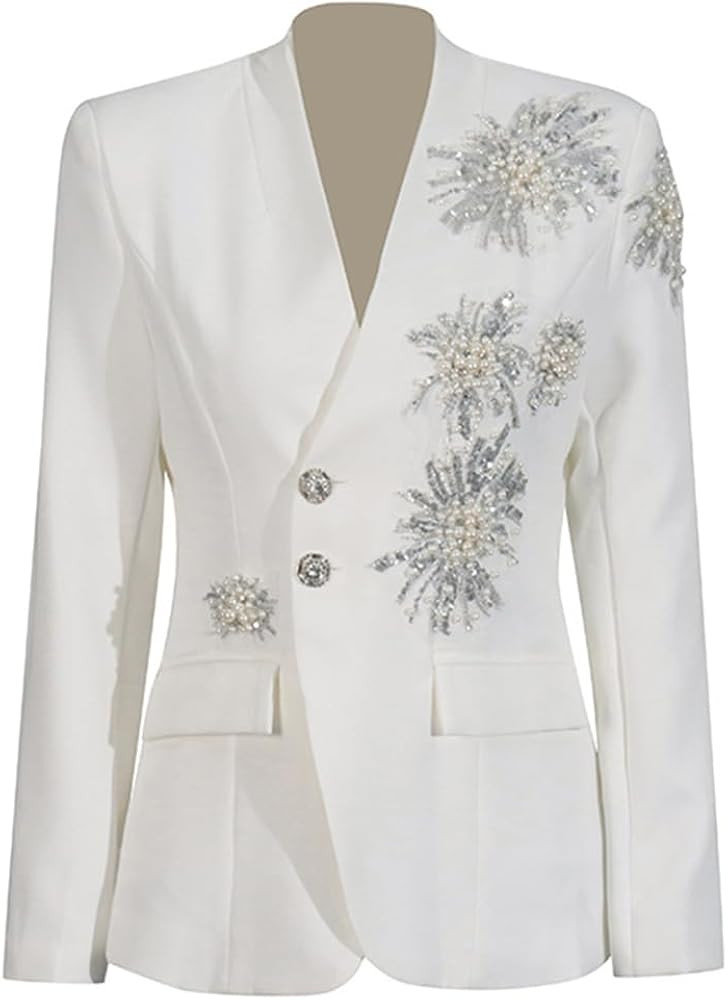 Fashion Studded Women's Suit Blazer Crystal Floral Nail Embellishments Long Sleeve Blazer Jacket | Amazon (US)