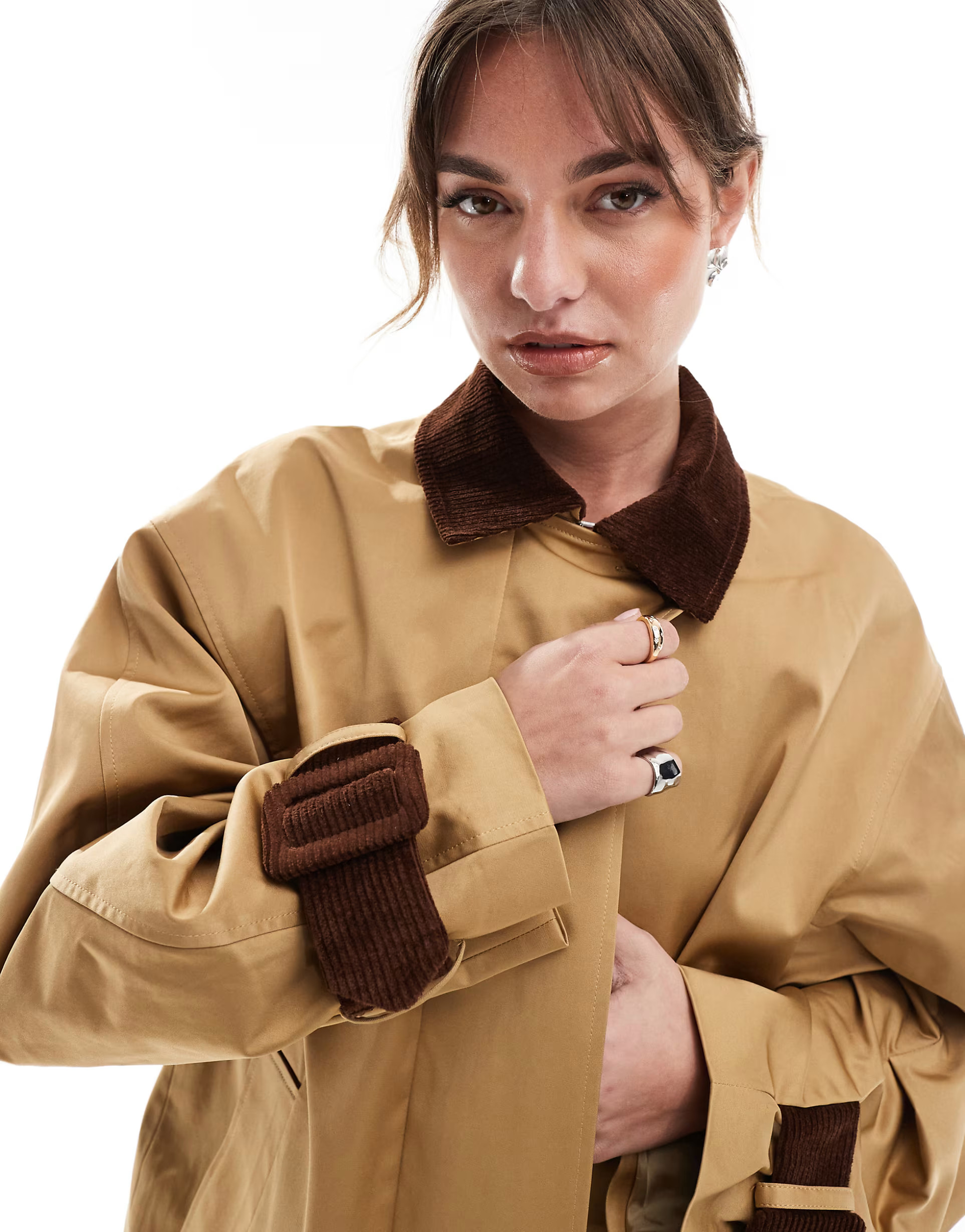 ASOS DESIGN cord cuff and collar short trench coat in stone | ASOS (Global)
