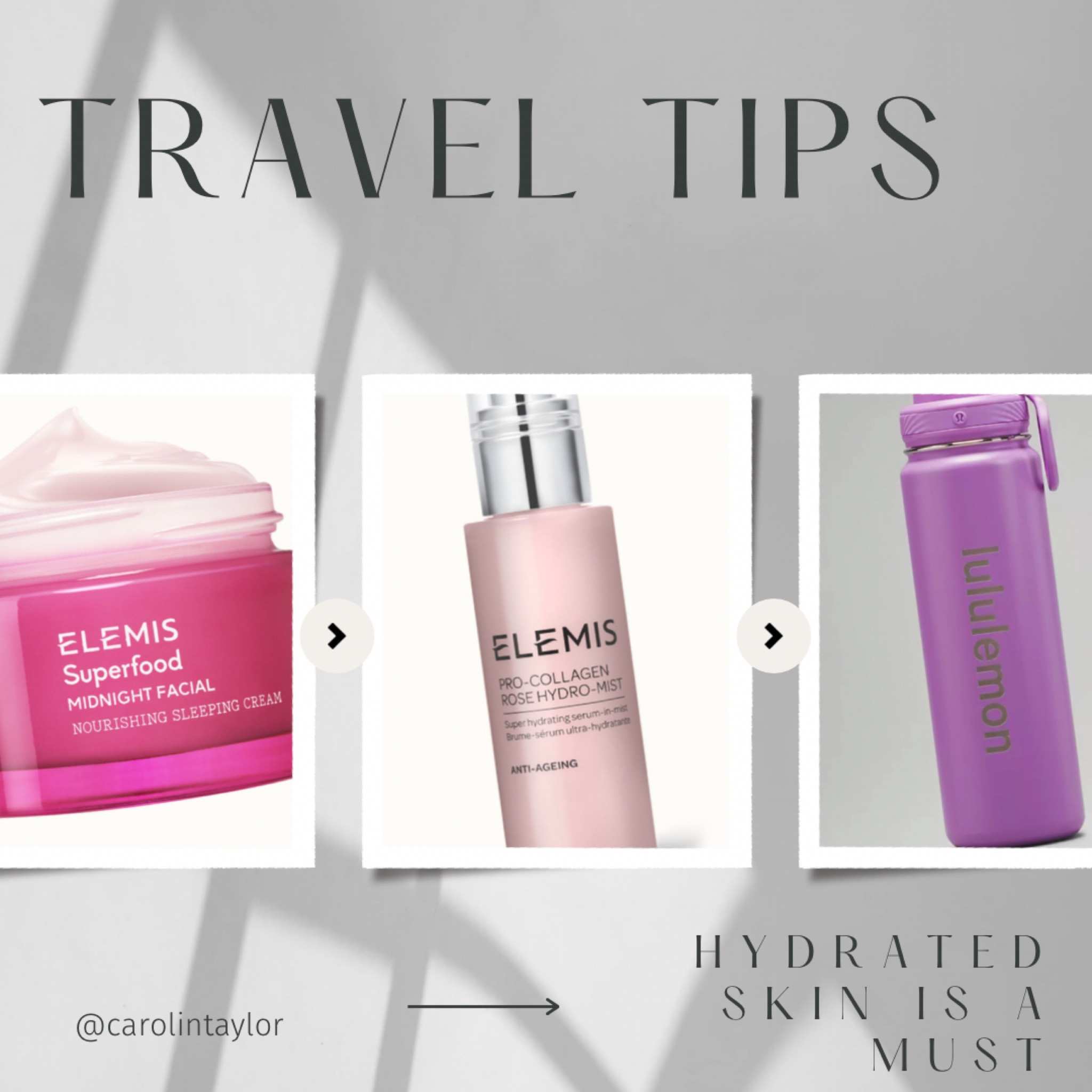As someone who travels a lot, hydrated skin is a must! 

Some of my faves: Elemis Superfood Midnight Facial, Pro collagen rose Hydro Mist & of course, lots of water! 

#ltksale #Elemis  #lululemon #travelhacks #traveltips #skincare #beautycare 

#LTKsalealert #LTKbeauty #LTKSale