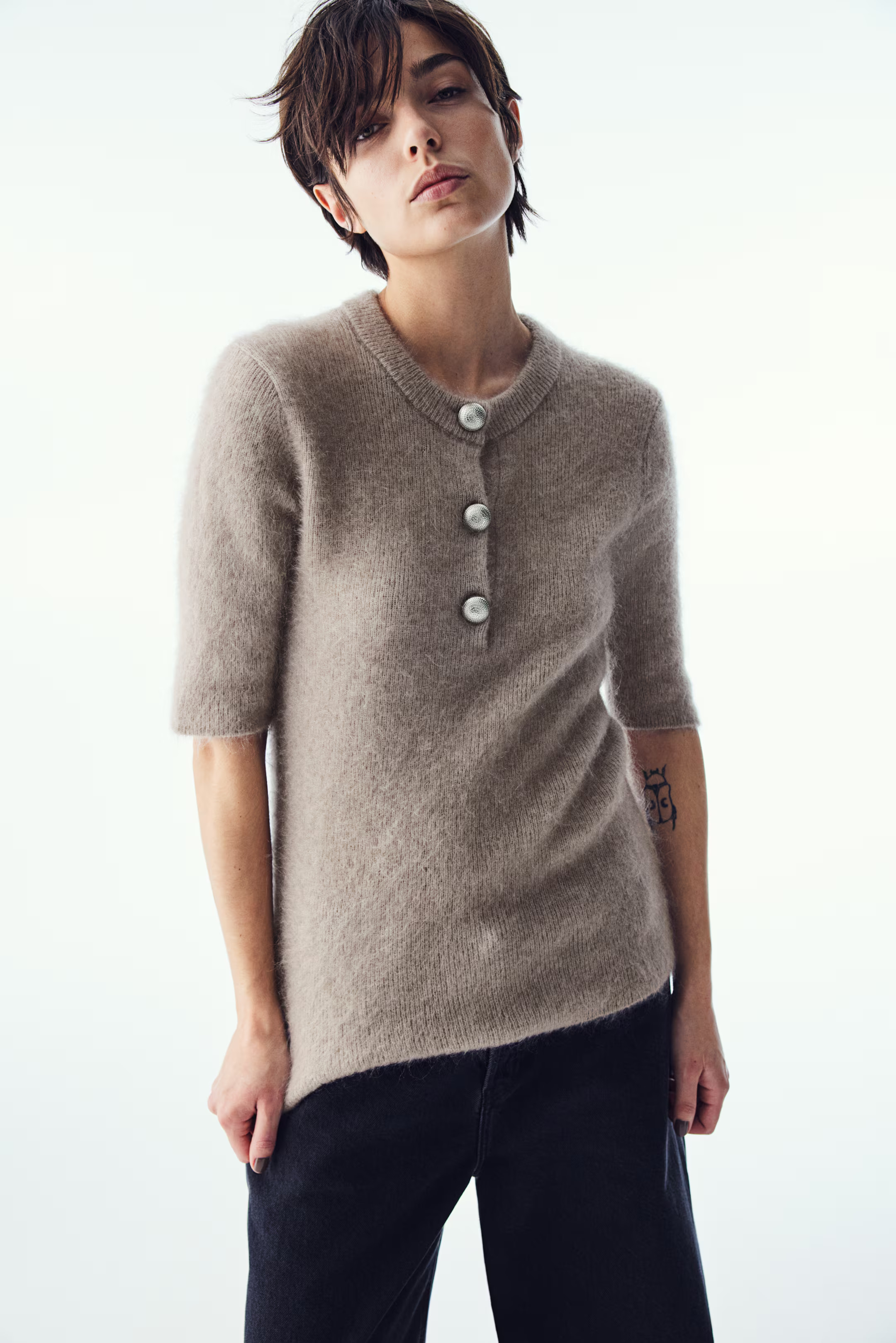 Mohair-blend button-detail top - Beige - Ladies | H&M GB | H&M (UK, MY, IN, SG, PH, TW, HK)