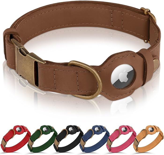 AirTag Dog Collar - Genuine Leather Dog Collar with Apple AirTag Holder and Metal Buckle - Smart ... | Amazon (US)