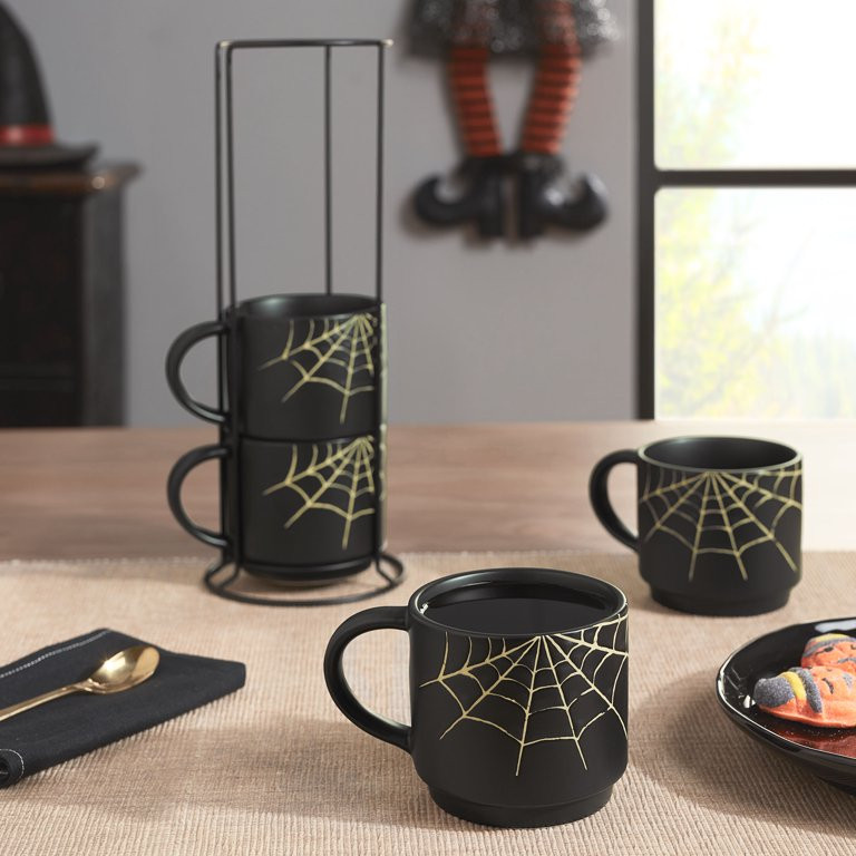 Way to Celebrate 4-Piece 12-Oz Black Spider Web Glazed Ceramic Stacking Mug Set with Metal Rack -... | Walmart (US)