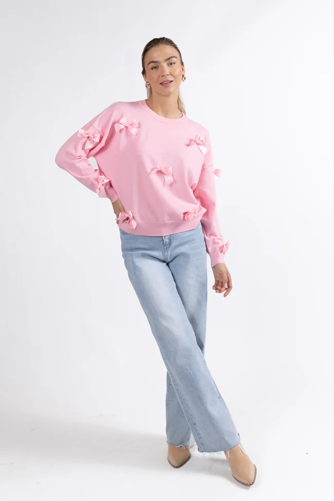 World Class Pink Bow Embroidered Sweater | Pink Lily