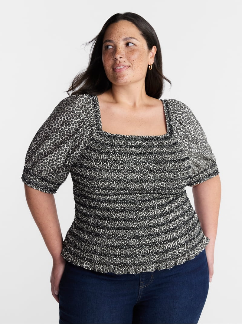 Terra and Sky Women\u2019s Plus Smocked Blouse with Elbow Length Sleeves, Sizes 0X-4X | Walmart (US)