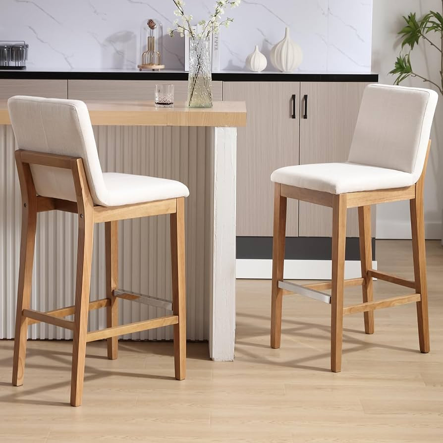 Bar Stools Set of 2, 30'' Modern Upholstered Barstools with Natural Wood Leg, Stool Chair for Kit... | Amazon (US)