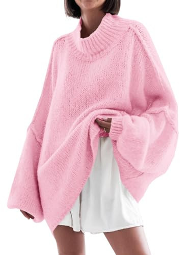 Saodimallsu Womens Oversized Sweaters Mock Neck Batwing Long Sleeve 2025 Fall Trendy Ribbed Knit Casual Tunic Sweater Pink | Amazon (US)
