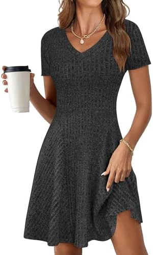 ANRABESS Womens Summer Dresses Casual Short Sleeve Ribbed Knit V Neck Swing A-Line 2026 Spring Va... | Amazon (US)