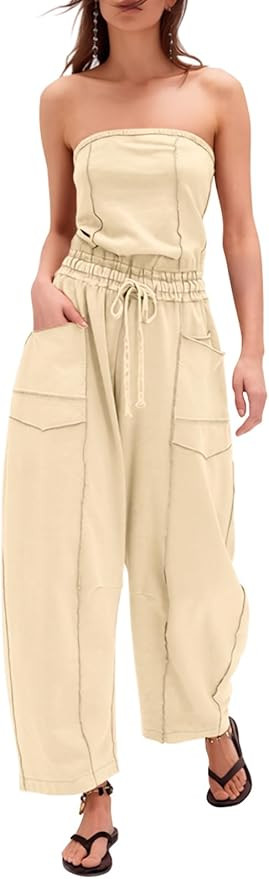 Sexyasasii Womens Casual Strapless Jumpsuits Off Shoulder Long Wide Leg Pants Drawstring One Piec... | Amazon (US)