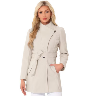 INSPIRE CHIC Women's Classic Stand Collar Long Sleeve Winter Belted Long Coat Beige XX-Large | Target