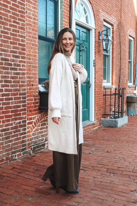 Work outfit, cozy office looks, mom fit, mom looks, spring style, layered looks, oversized pants, wide leg pants, mom style, long cardigan sweater 

#LTKfindsunder100 #LTKworkwear #LTKstyletip