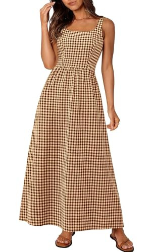 PRETTYGARDEN Women's 2026 Summer Spaghetti Strap Maxi Dresses Plaid Square Neck A Line Casual Beach Vacation Long Sundress (Coffee,Medium) | Amazon (US)