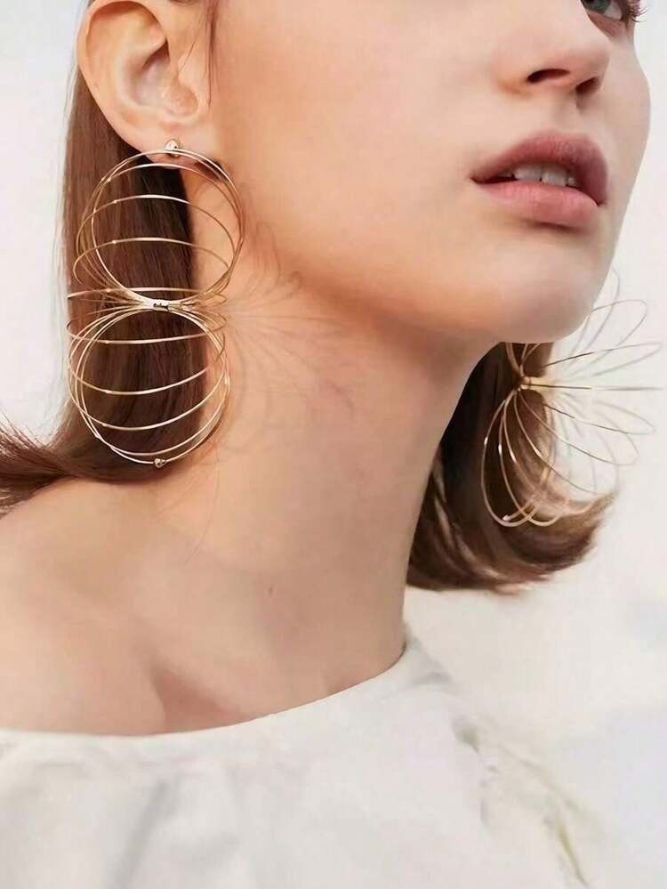 2pcs Minimalist Layered Golden WireSpiral Earrings, Multi-Layered Hoop & Firework Statement Women's Earrings , Lightweight Fashion Jewelry Party & Daily Wear & Summer Beach & Night Out | SHEIN