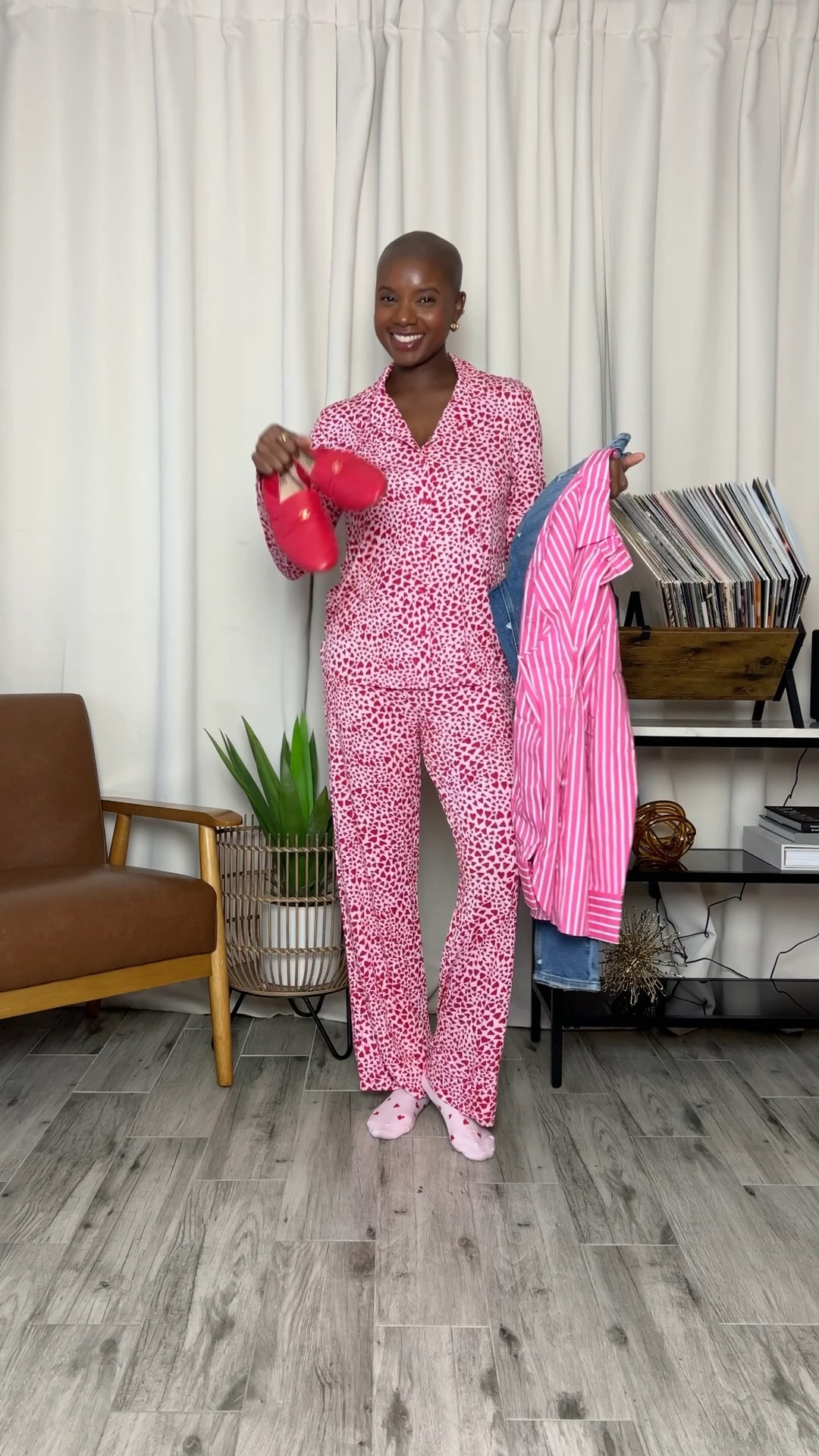 Casual Valentine’s Day outfit! Pink striped button up shirt, heart print denim jeans, red loafers and Soma cool nights heart print pajamas set. ￼great for casual Fridays at work  

#LTKValentine #LTKWorkwear