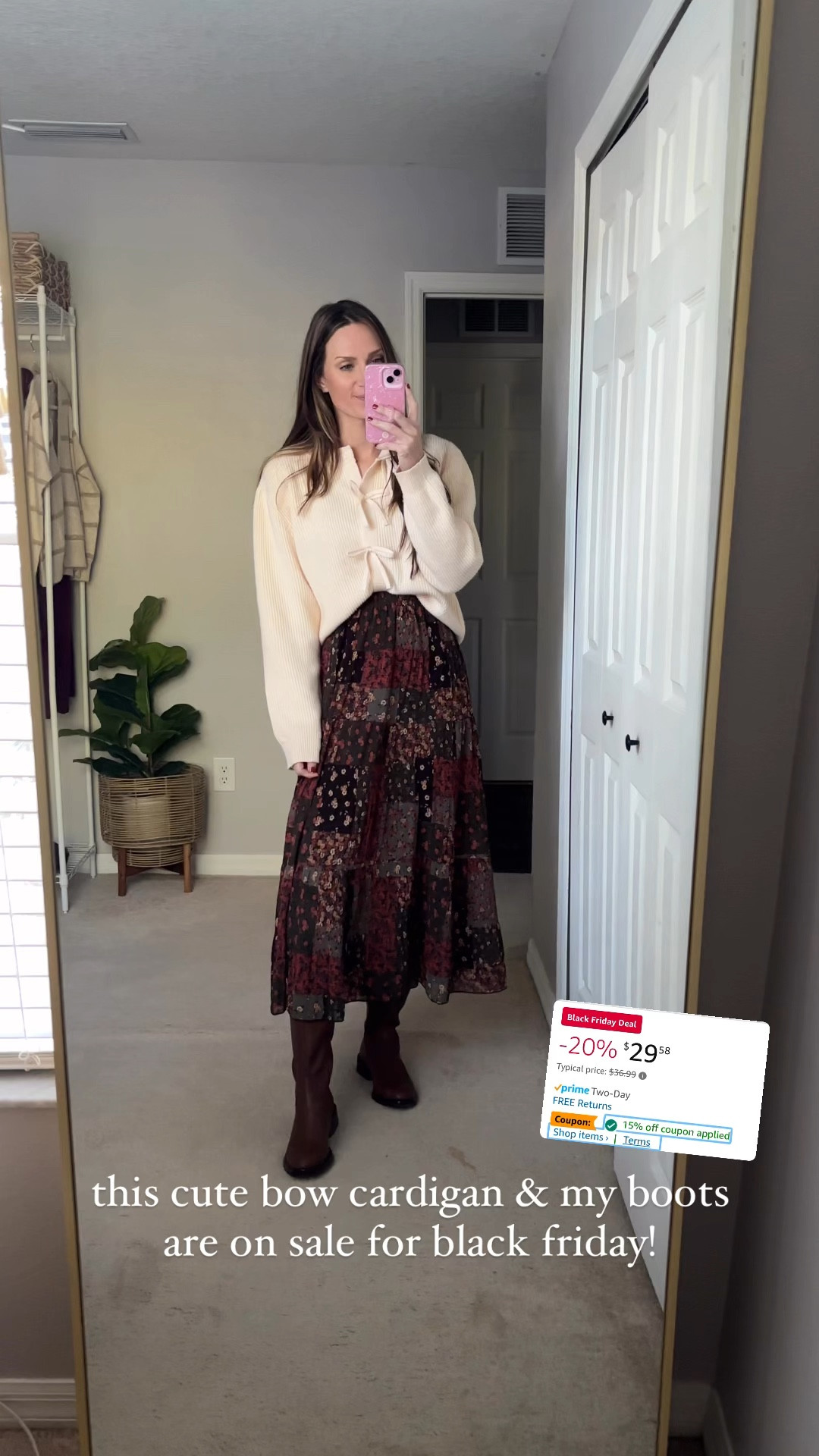 Amazon bow cardigan is on sale + there’s a coupon you can click to save even more! (Wearing a M here but I def couldn’t gotten a small)

Skirt not on sale but my fave of the season! Fits tts, I’m wearing a small

Target tall brown boots are 50% off! They fit tts for me, wearing an 8.5

#amazonblackfriday #amazonfashion 

#LTKCyberWeek #LTKWatchNow #LTKSaleAlert