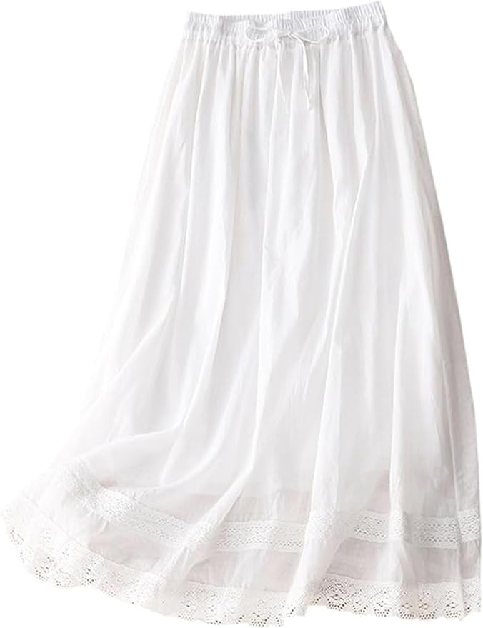 SANGTREE Women's Cotton Linen Midi Lace Trim Skirts Flowy Boho Long Skirt | Elastic High Waisted ... | Amazon (US)
