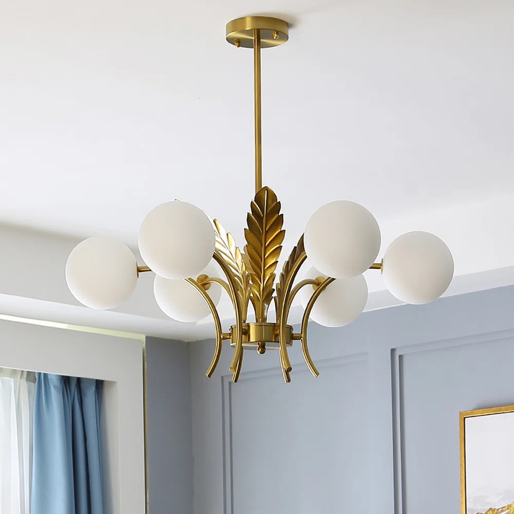 White Glass Post Modern Led Chandelier With Leaf Deco In Brass | Wayfair North America