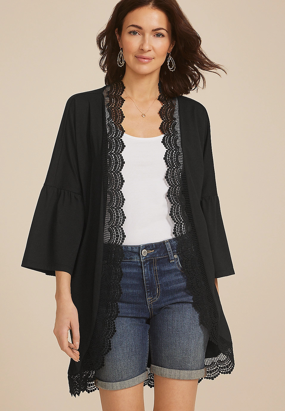 Crochet Trim Curve Hem Kimono | Maurices