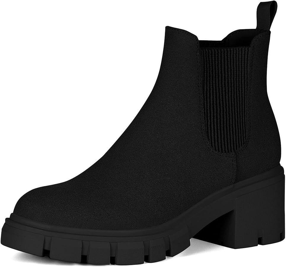 Athlefit Women's Chelsea Boots Fashion Lug Sole Chunky Heel Slip on Elastic Ankle Booties | Amazon (US)