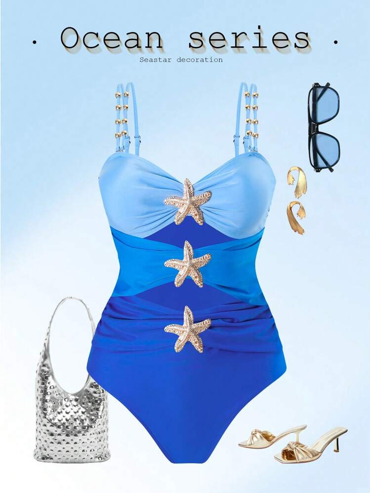 SHEIN Swim Curve Plus Size Women One-Piece Swimsuit With Metal Trim, Simple Casual Summer Beach Wear One Piece Swimsuit | SHEIN