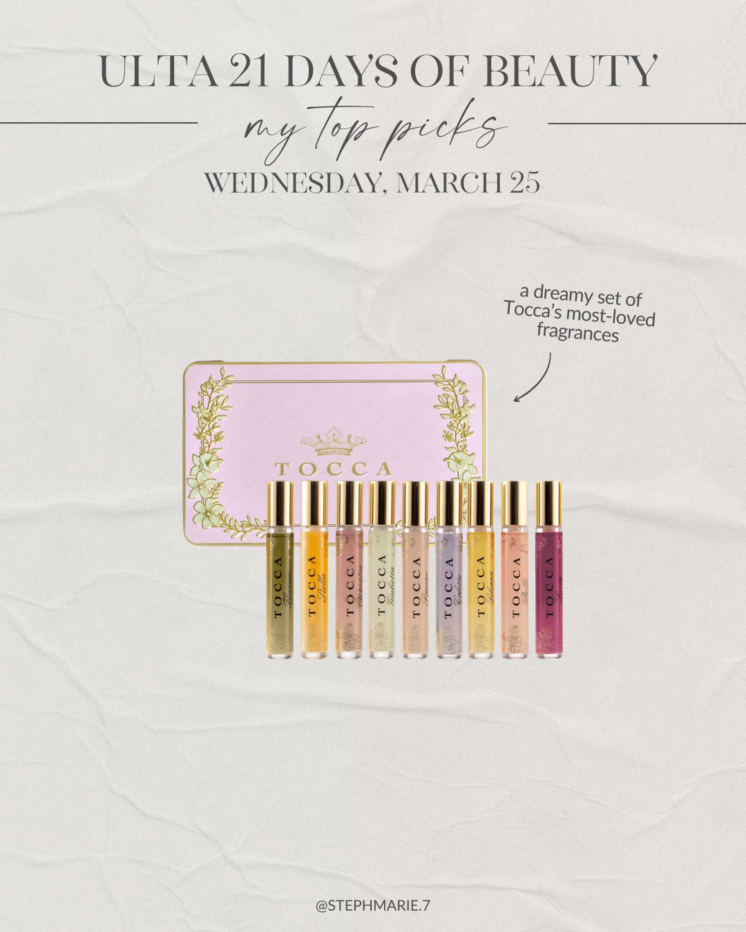 ULTA 21 DAYS OF BEAUTY ✨

If you've been wanting to test the Tocca perfumes, now is your chance! This perfume sampler is 50% off, today only!  

 #LTKSaleAlert #LTKBeauty