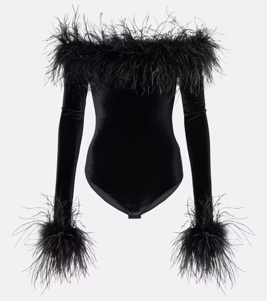 OsÃ©ree Feather-trimmed velvet bodysuit | Mytheresa (US/CA)