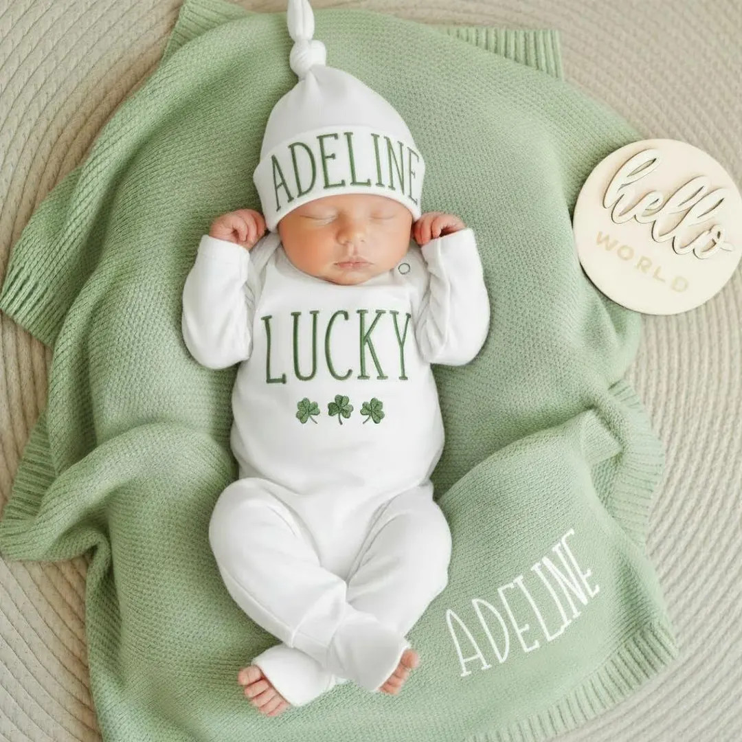 Embroidered Baby Outfit Set With Cotton Knit Blanket, Shamrock Baby Romper, Baby Lucky Outfit Set... | Etsy (US)