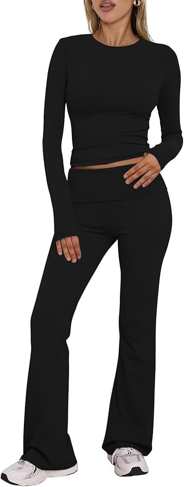 BORIFLORS Women's Workout 2 Piece Lounge Sets Long Sleeve Tops Foldover Flare Pants Casual Outfit... | Amazon (US)