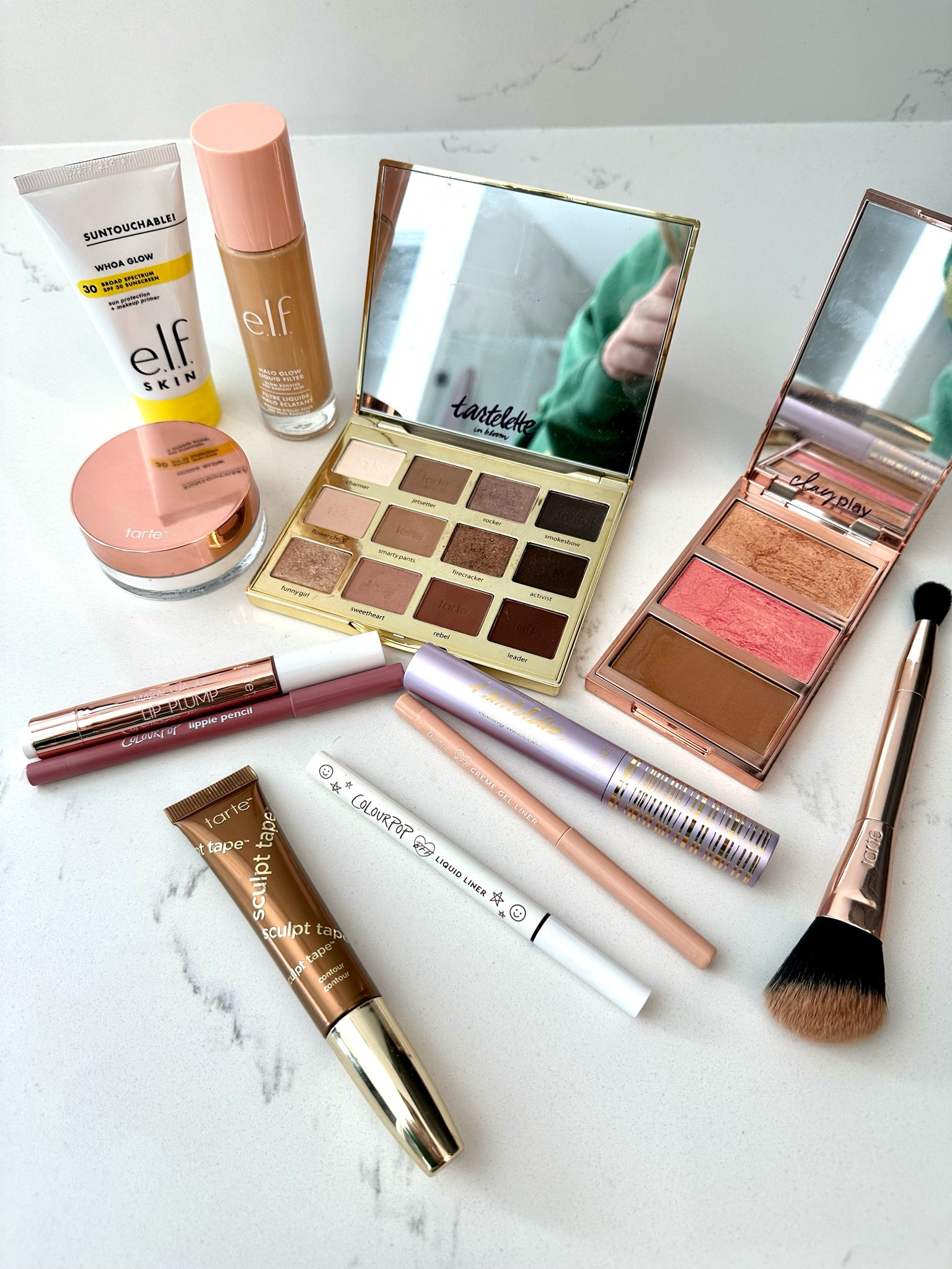 Tarte discount code: wifeonadime Elf Halo Glow liquid filter foundation in fair/light, whoa glow spf primer.
Colour pop eye liner, Lillie pencil in Oh Snap, Tarte Maracuja lip plump in cherry blossom, Tartlette in bloom eyeshadow, Tarte tubing mascara. 

#LTKbeauty #LTKGiftGuide #LTKSale