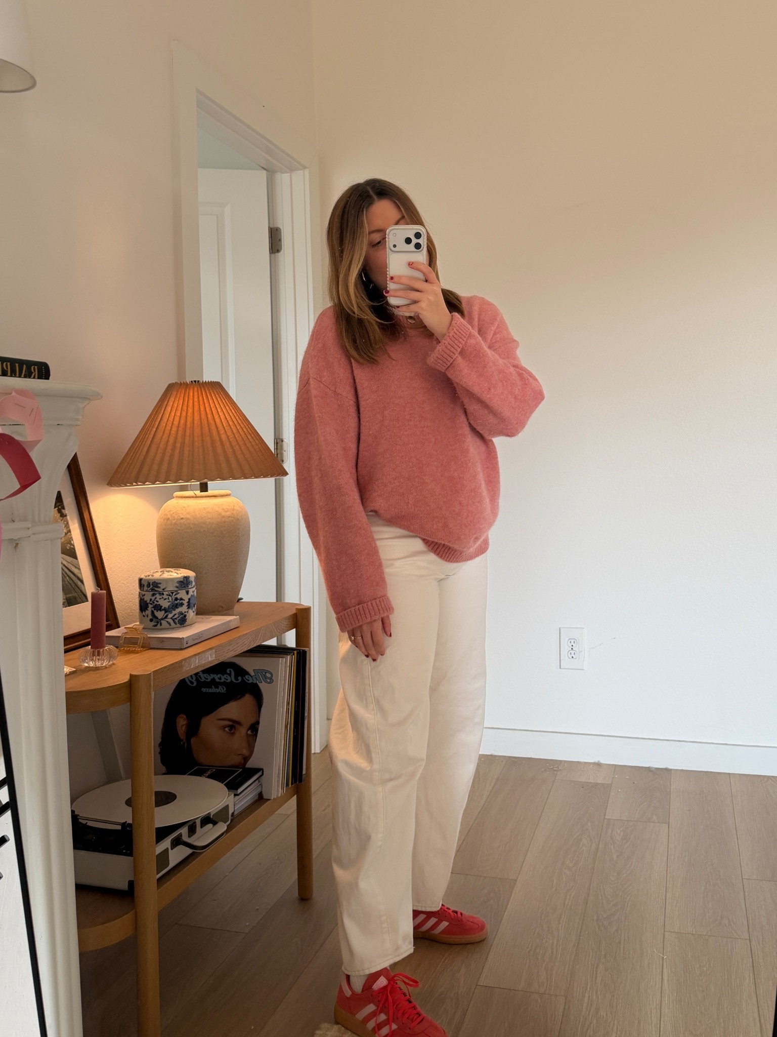 My causal Valentine’s Day outfit! This sweater is my favorite from @SEZANE  but this color is sold out! Linked the sweater, wearing a L. Wearing @gapstyle high rise barrel! Wearing red @adidas spezials, but also linked Pumas! 

#LTKMidsize #LTKootd #LTKValentine