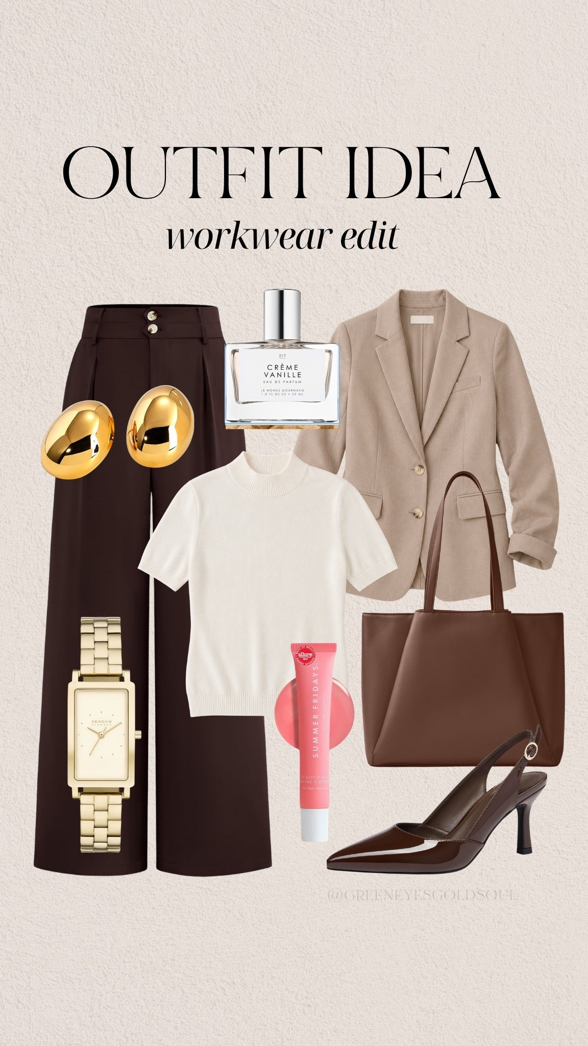 Workwear outfit idea 🤎 Chocolate brown trousers paired with a cream knit top and neutral blazer for an easy business casual look. Add a structured tote, pointed toe heels, gold accessories and a soft vanilla fragrance to finish it off. Save this for your next office outfit!

Workwear outfit, Business casual outfit, Office outfit women, Fall workwear, Fall office outfit, Brown trousers outfit, Chocolate brown pants, Neutral workwear, Blazer outfit women, Professional outfit women, Corporate outfit, Work outfit ideas, Chic office style, Fall fashion 2026, Workwear capsule wardrobe

#Workwear #WorkwearStyle #WorkwearOutfit #BusinessCasual #BusinessCasualOutfit #OfficeOutfit #OfficeStyle #FallWorkwear #FallOutfitIdeas #NeutralStyle #CorporateStyle #WorkOutfitIdeas

#LTKSeasonal #LTKootd #LTKWorkwear