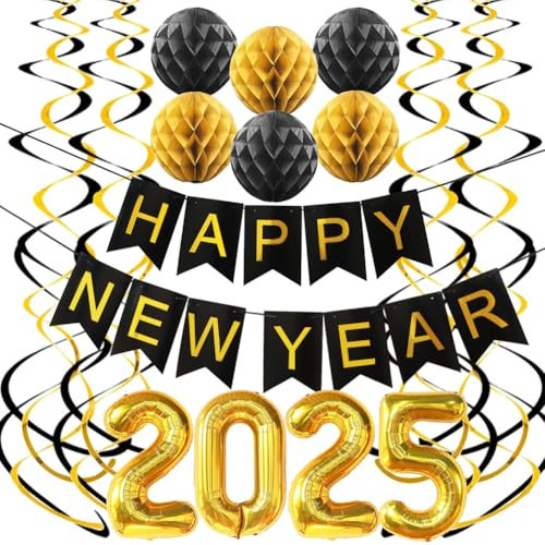 New Year Decorations 2025, Happy New Year Nye Eve Party Supplies Banner with Hanging Swirl, Honeycomb Balls Decorations for Home Office Classroom, Black Gold | Amazon (US)