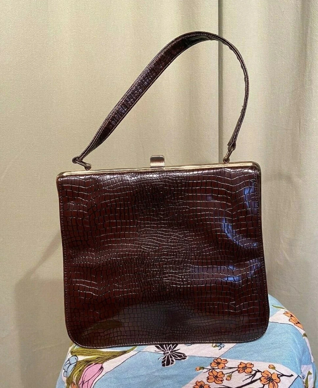 Charming Original Vintage Mid Century Brown Faux Leather Square Handbag Purse W Snakeskin Look - ... | Etsy (US)