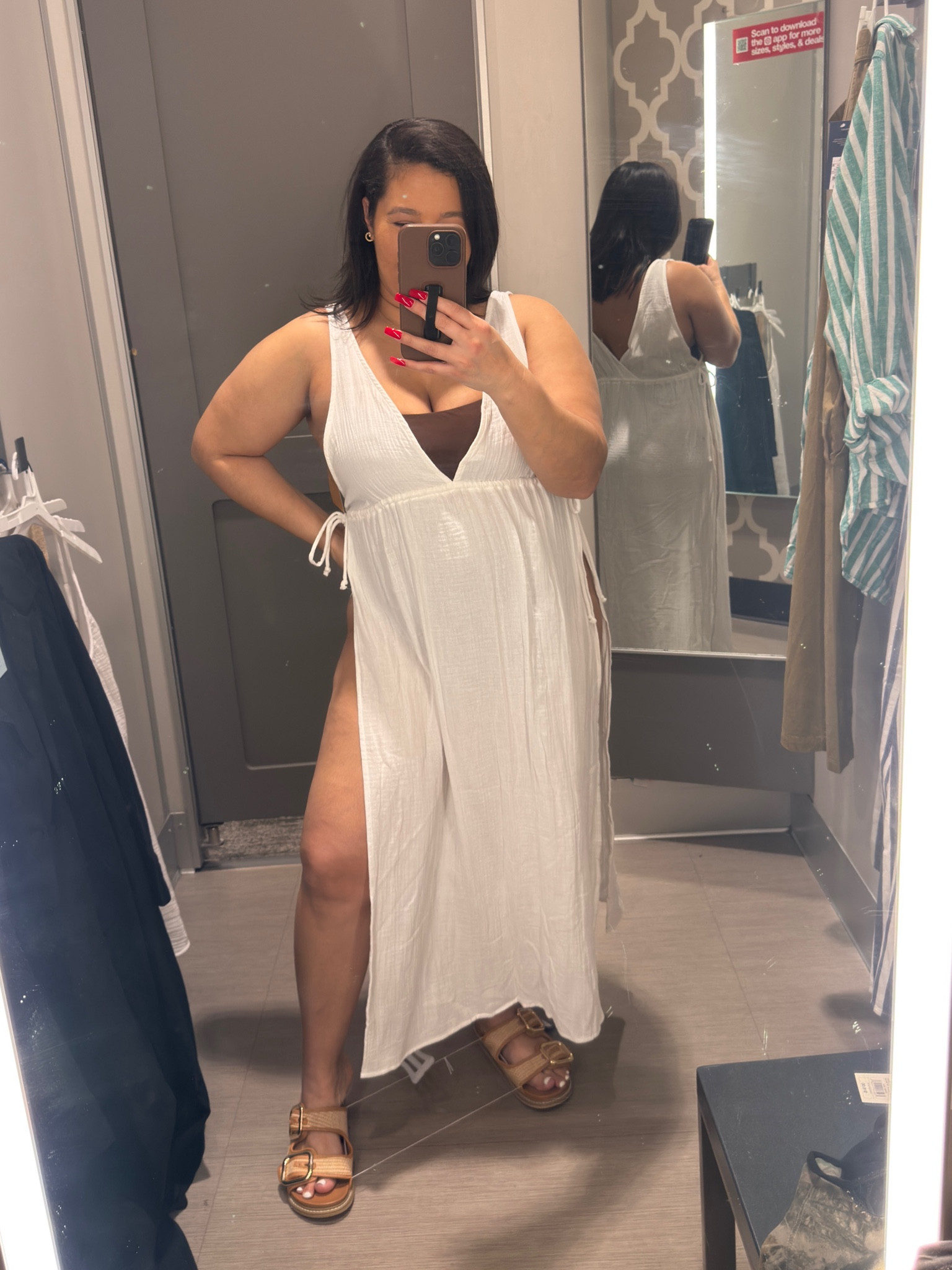 Resort wear 
Vacation outfit 
Spring outfit 
Summer outfit 
Target finds 
Swim cover up 
Summer dress 
Spring dress 
Watch now 

Cover up - large / runs big but I like the oversized fit 
Swimsuit- large / tts 
Sandals 8.5 tts 

#LTKSwim #LTKWatchNow #LTKMidsize