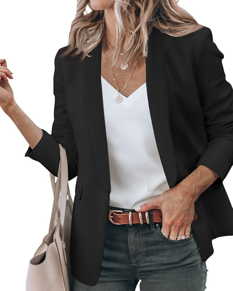 Newffr Womens Casual Blazer Open Front Long Sleeve Work Office Jackets Blazer with Pockets | Amazon (US)