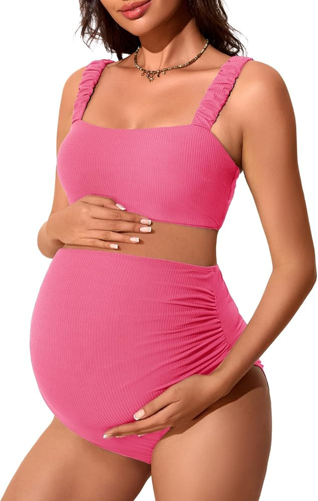 Summer Mae Ribbed Maternity Bikini Swimsuit for Women High Waisted Two-Piece Bathing Suit Crop To... | Amazon (US)