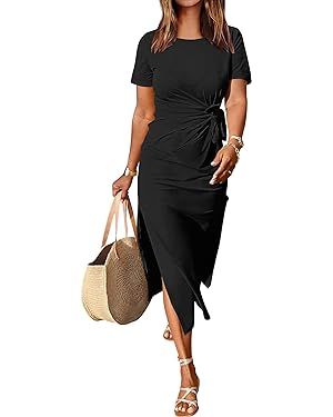 ANRABESS Women’s 2024 Summer Short Sleeve Crewneck T Shirt Maxi Dress Tie Waist Casual Slim Fit... | Amazon (US)