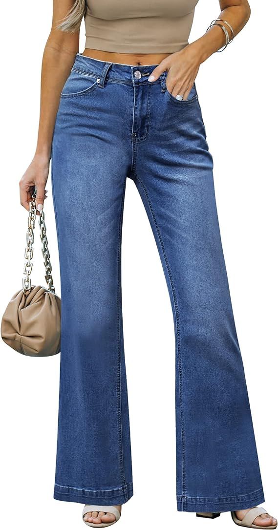 LookbookStore Wide Leg Jeans Woman 2024 Flare High Waist Baggy Jeans for Women Stretchy Denim Pan... | Amazon (US)