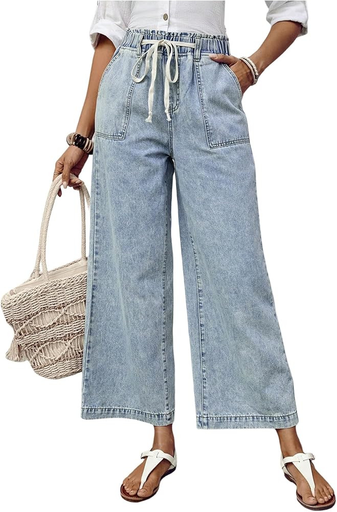 SweatyRocks Women's Drawstring High Waist Wide Leg Casual Baggy Jeans Loose Denim Pants | Amazon (US)