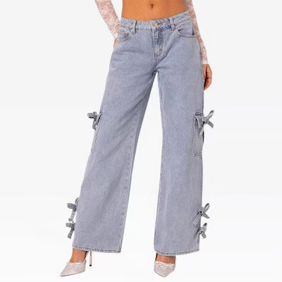Women's Jeans Mid Rise Bows Denim Pants with Cargo Pockets Trendy Denim Jean Pants Straight Leg Slightly Bootcut Jeans, Light Blue - S | Target