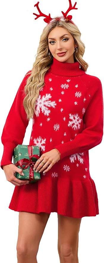 SunnyMelody Womens Ugly Christmas Sweater Dress 2025 Winter Holiday Xmas Cute Turtleneck Long Sle... | Amazon (US)