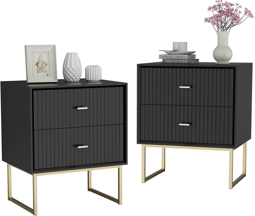 UEV Black Nightstand Set of 2,Modern Large Striped Bed Side Table with 2 Drawers,Wood End Table w... | Amazon (US)