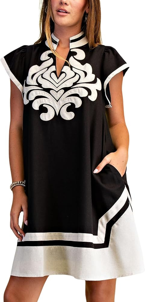 Esmeling Women Contrast Floral Print Dress V Neck Short Cap Sleeve Dress Summer A Line Mini Dress... | Amazon (US)