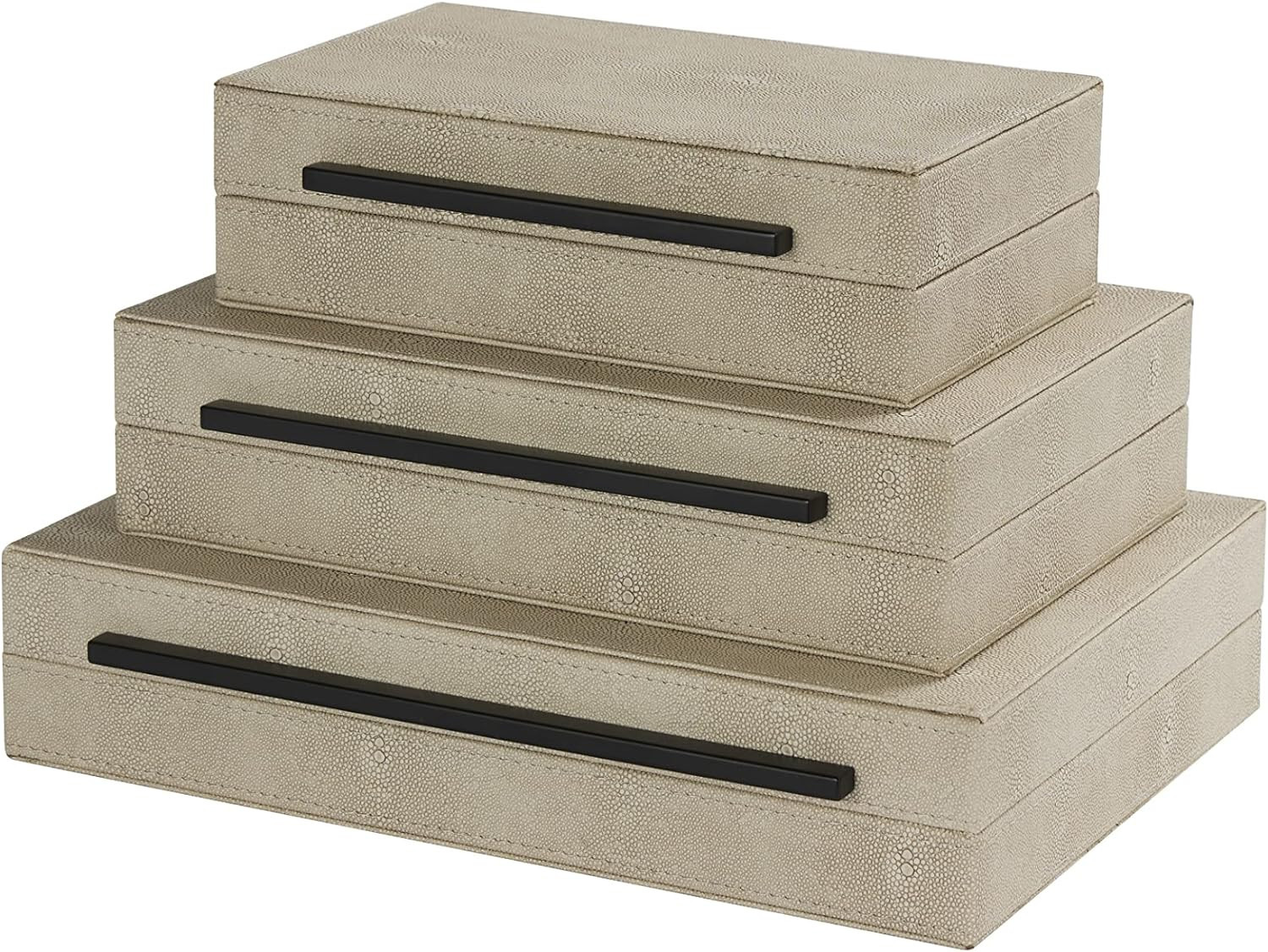 Ivory Shagreen Leather Set of 3 Decorative Box with Black Metal Handles,Storage Boxes With Lid, J... | Amazon (US)